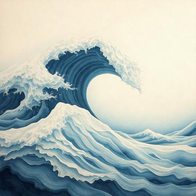 The primary subject of the image is a large wave in the ocean. The wave is depicted in a painting, which gives it a more artistic and visually appealing appearance. The setting is the ocean, with the wave being the main focus of the scene. The visual style is a painting, which adds a sense of depth and texture to the image. The dominant colors in the painting are blue and white, creating a serene and calming atmosphere.